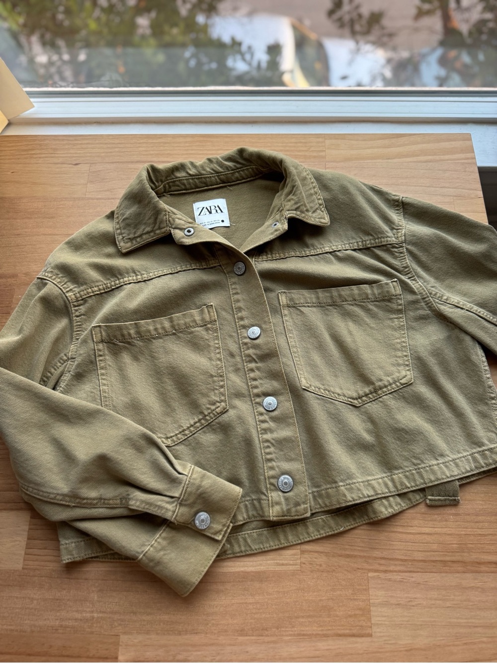 Zara Olive Boxy Fit Cropped Utility Jean Jacket in Neutral Green